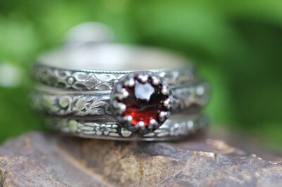 Garnet Ring * Solid Sterling Silver* Set of 3 Rings * Vines Floral Full Moon Patterns * Natural Almandine Garnet *  Any Size - image1